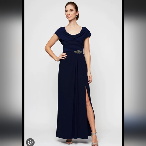 New With Tags Alex Evening Elegant Navy Short Sleeve Maxi Dress Formal Size 6 P - Picture 1 of 13